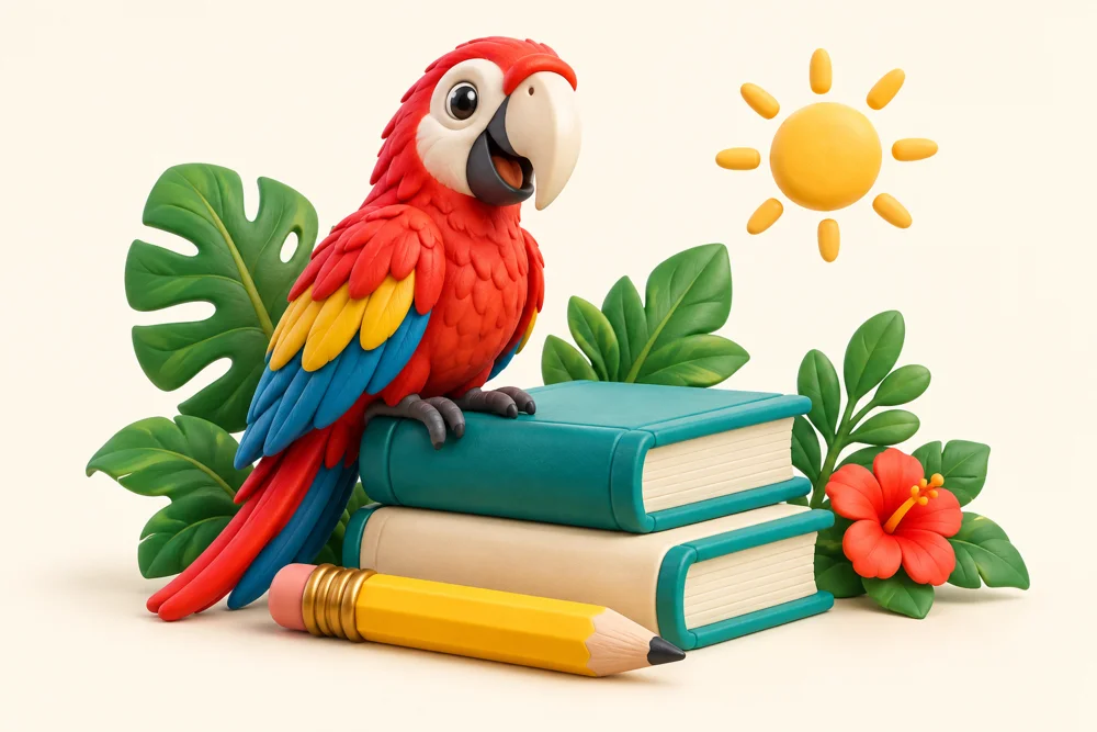 NGSA Prep’s cheerful macaw mascot with schoolbooks