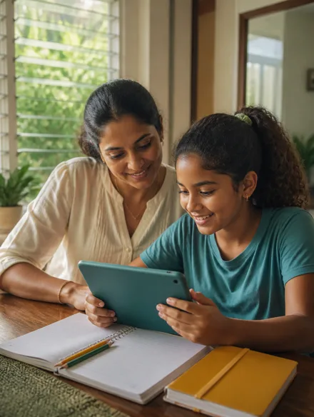 A mother and daughter sharing a learning moment on a tablet